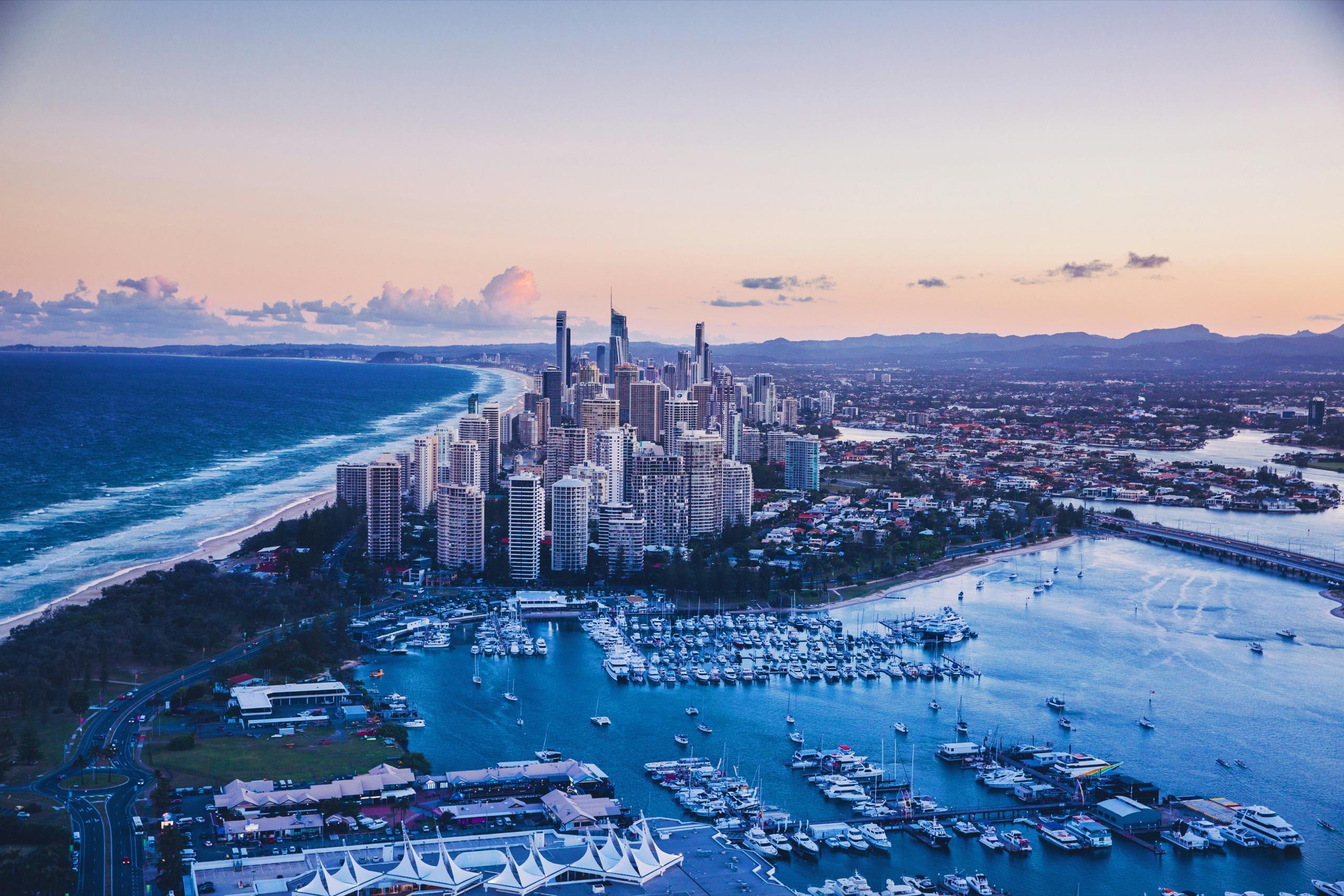 The Gold Coast skyline and coastline at dusk